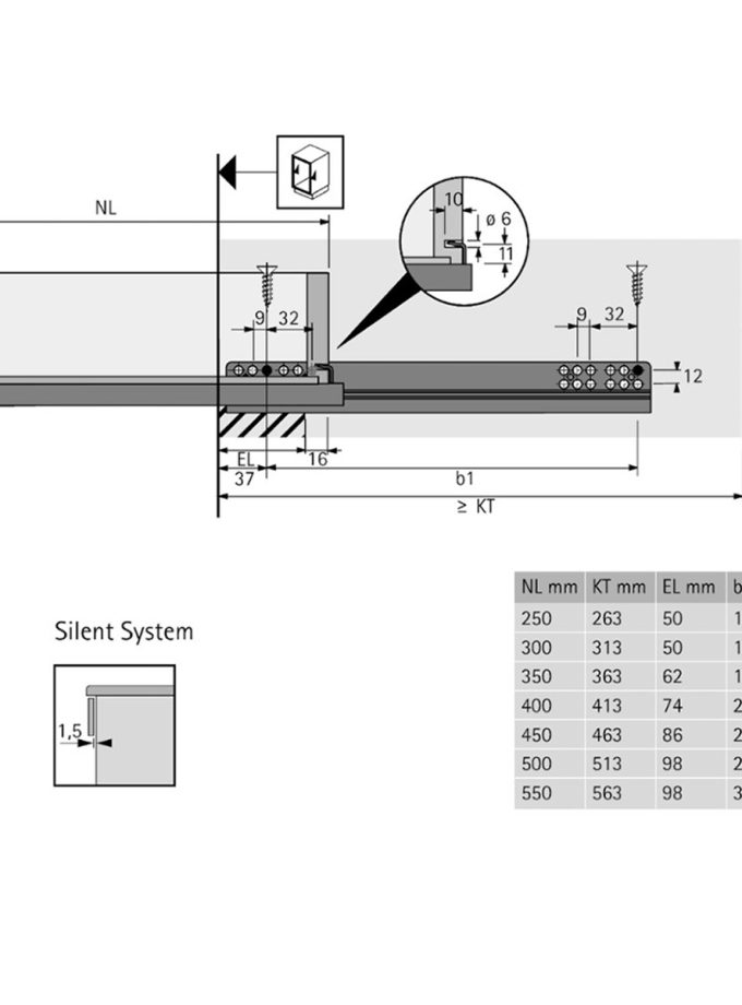 Hettich 50 cm Quadro Tek Açılım Frenli Ray