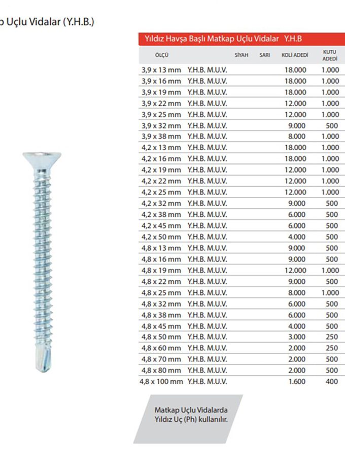 Meridyen Matkap Uçlu (Y.H.B.) Vida