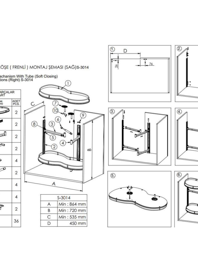 Starax S-3014 Döner Tablalı Köşe Mekanizması 45cm Sağ Krom